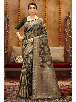 Sangam Prints - Green Cotton Woven Zari Work Traditional Tassel Saree with Unstitched Blouse