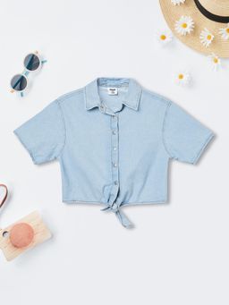 max - Girls Solid Tie-Up Shirt-Blue