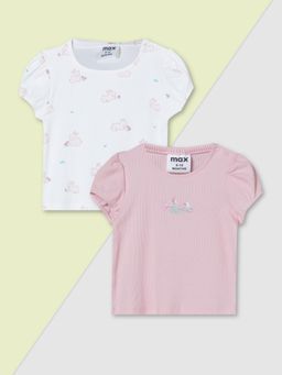 max - White And Pink Girls Printed Tops-Multi-Color