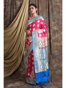 CHARUKRITI - Pink Blue Ethnic Motifs Zari Pure Silk Banarasi Saree with Unstiched Blouse