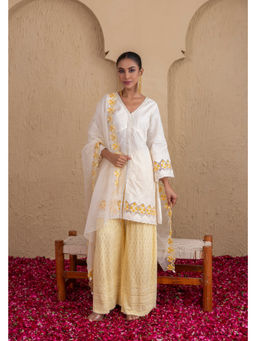 SEW - Women Cream Embroidered Kurta with Palazzo and Dupatta