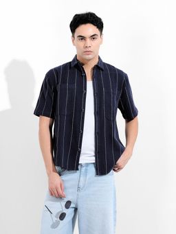 The Indian Garage Co - Men Blue Relaxed Fit Collar Neck Cotton Blend Shirt