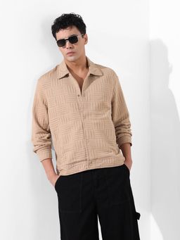 The Indian Garage Co - Men Beige Regular Fit Collar Neck Polyester Blend Shacket