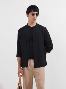 The Indian Garage Co - Men Black Regular Fit Mandarin Neck Polyester Blend Shirt