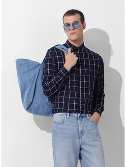 The Indian Garage Co - Men Navy Blue Slim Fit Collar Neck Cotton Shirt