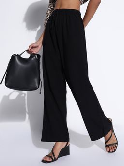 SHOWOFF - Edition Women's Black Solid Loose Fit Parallel Trousers