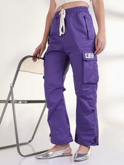 SHOWOFF - Women'S Purple Solid Loose Fit Cargos Pants