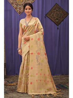 Sangam Prints - Cream Organza Woven Zari Work Traditional Tassel Saree with Unstitched Blouse