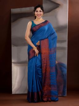CHARUKRITI - Cobalt Blue Cotton Blend Zari Handwoven Saree with Unstitched Blouse