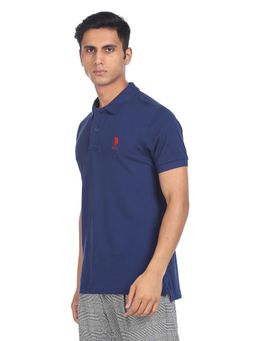 U.S. POLO ASSN. - Men Dark Blue Cotton Solid Polo T-shirt
