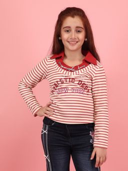 Cutecumber - Girls Striped Knit Collared Neck Full Sleeve Top