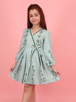 Cutecumber - Girls Mint Green Printed Polyester Full Sleeve Wrap Dress