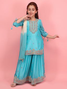 Cutecumber - Girls Blue Rangoli Silk Embroidered Kurta with Sharara and Dupatta