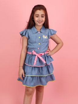 Cutecumber - Girls Denim Layered Dress with Belt
