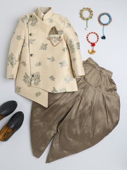 FOURFOLDS - Boys Fawn Cotton Blend Jacquard Floral Motifs Sherwani Set