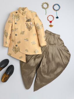 FOURFOLDS - Boys Peach Cotton Blend Jacquard Floral Motifs Sherwani Set