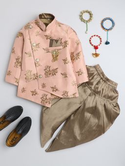 FOURFOLDS - Boys Pink Cotton Blend Jacquard Floral Motifs Sherwani Set