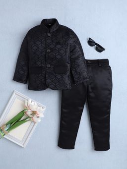 FOURFOLDS - Boys Black Jacquard Geometric Indo Western Blazer with Trouser