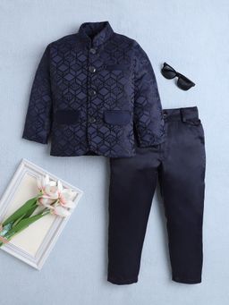 FOURFOLDS - Boys Navy Jacquard Geometric Indo Western Blazer with Trouser