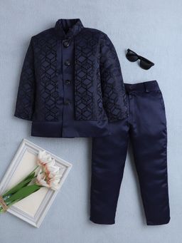 FOURFOLDS - Boys Navy Jacquard Geometric Indo Western Blazer with Trouser