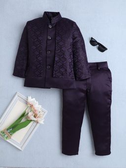 FOURFOLDS - Boys Purple Jacquard Geometric Indo Western Blazer with Trouser