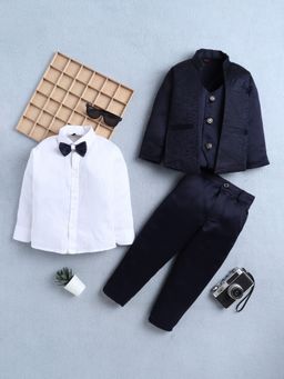 FOURFOLDS - Boys Navy Jacquard Geometric 3 Piece Suit Set With Bow
