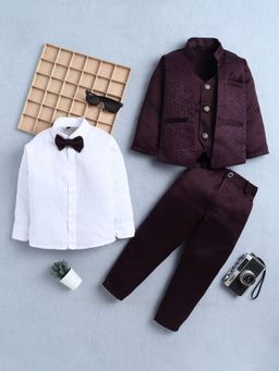 FOURFOLDS - Boys Wine Jacquard Geometric 3 Piece Suit Set With Bow