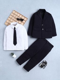 FOURFOLDS - Boys Navy Cotton Blend Solid 3 Piece Suit Set With Tie