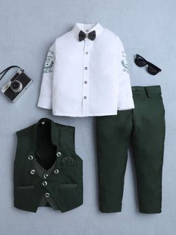 FOURFOLDS - Boys Dark Green Cotton Blend 3 Piece Suit Set With Bow