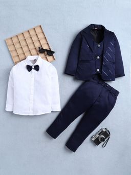 FOURFOLDS - Boys Navy Sequins Embellished 3 Piece Suit Set With Bow