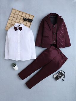 FOURFOLDS - Boys Wine Sequins Embellished 3 Piece Suit Set With Bow
