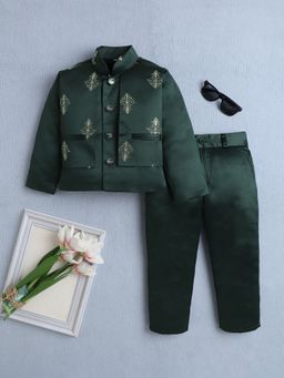 FOURFOLDS - Boys Dark Green Embroidered Indo Western Blazer with Trouser