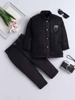 FOURFOLDS - Boys Black Jacquard Embellished Sherwani and Trouser Set With Shrug