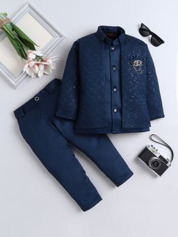 FOURFOLDS - Boys Navy Blue Jacquard Embellished Sherwani and Trouser Set With Shrug