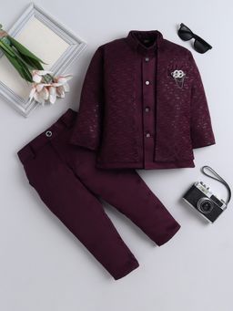FOURFOLDS - Boys Wine Jacquard Embellished Sherwani and Trouser Set With Shrug