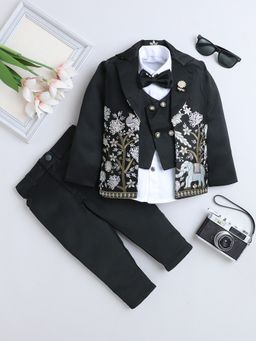 FOURFOLDS - Boys Black Embellished 3 Piece Suit Set With Bow