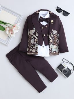 FOURFOLDS - Boys Wine Embellished 3 Piece Suit Set With Bow