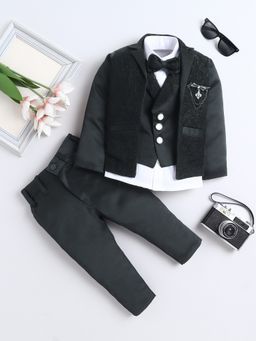 FOURFOLDS - Boys Black Jacquard Vine Motifs 3 Piece Suit Set With Bow