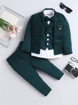 FOURFOLDS - Boys Teal Jacquard Vine Motifs 3 Piece Suit Set With Bow