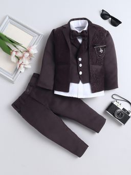 FOURFOLDS - Boys Wine Jacquard Vine Motifs 3 Piece Suit Set With Bow