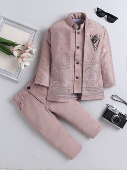 FOURFOLDS - Boys Light Pink Embellished Sherwani and Trouser Set With Shrug