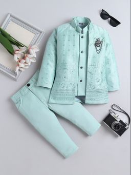 FOURFOLDS - Boys Pastel Blue Embellished Sherwani and Trouser Set With Shrug
