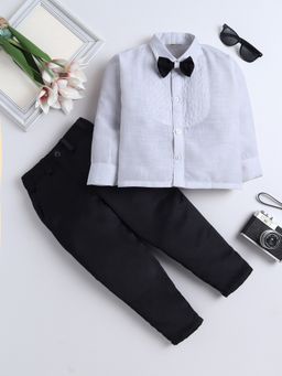 FOURFOLDS - Boys White Cotton Diamond Embroidery Bib Shirt and Pant Set With Bow