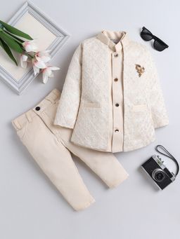 FOURFOLDS - Boys Beige Stone Embellished Sherwani and Trouser Set With Shrug