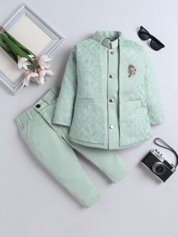 FOURFOLDS - Boys Light Green Stone Embellished Sherwani and Trouser Set With Shrug