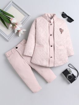 FOURFOLDS - Boys Light Pink Stone Embellished Sherwani and Trouser Set With Shrug