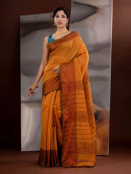 CHARUKRITI - Mustard Yellow Cotton Blend Zari Handwoven Saree with Unstitched Blouse