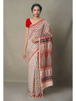 Unnati Silks - Beige Pure Bagh Printed Cotton Saree with Unstitched Blouse