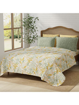 Layers - Pure Nest Cotton 180 TC Yellow & Grey Floral Bedsheet & 2 Pillow Covers (King)