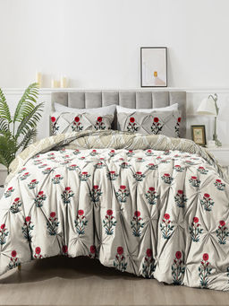 the White Moss - Beige Hannah Reversible Print Pinch Pleat AC Comforter & 2 Pillow Cover (King)